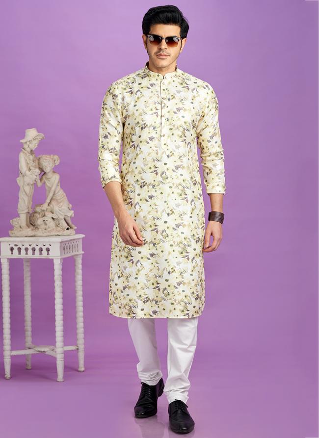 Semi Cotton Yellow Traditional Wear Digital Printed Kurta Pajama